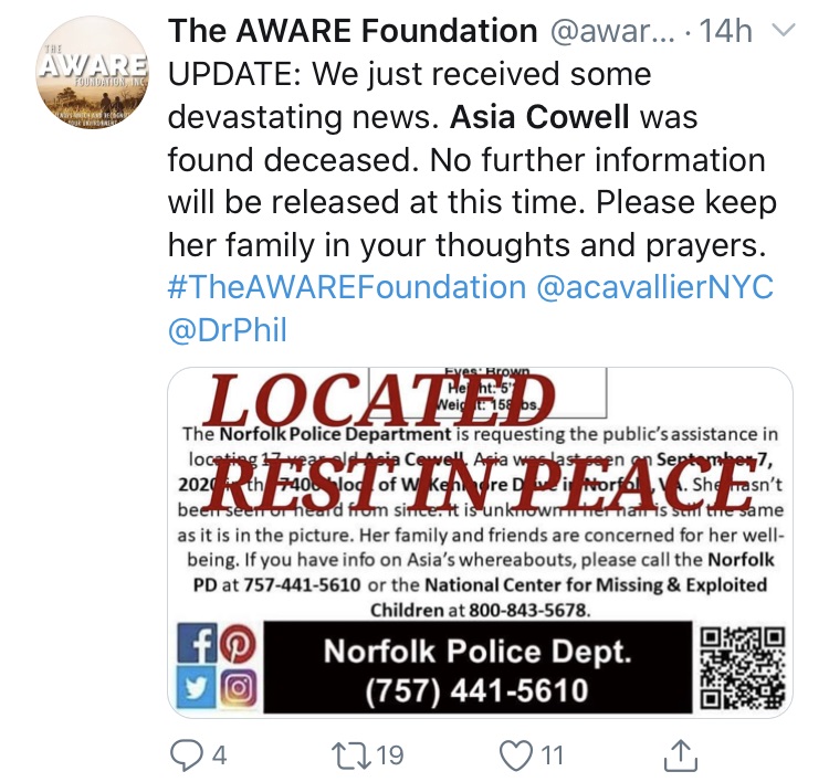 Asia Cowell, of Norfolk, Virginia, had been missing since September 7. Since that time, a major push to find her, and that push recently came to an end. Sadly, Asia Cowell was found, but she was found dead, thus ending the search on a sad note.