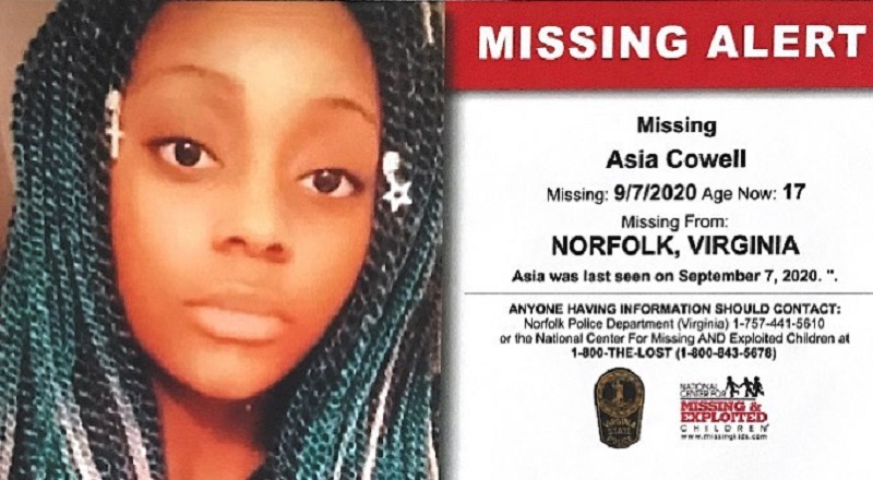 Asia Cowell, age 17, from Norfolk, Virginia, is missing. This young lady was last seen on September 7, 2020, on W. Kenmore Drive. Cowell previously went missing, in 2017.