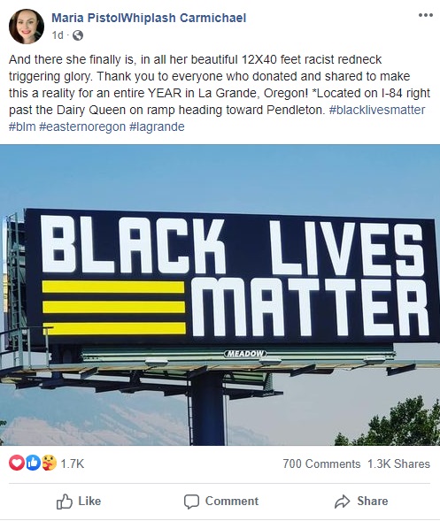 Maria PistolWhiplash Carmichael decided to do something to further the BLM cause. She is a native of Oregon, which is the home of Portland, where protests have turned violent, and people are fighting military police. Long before that, Maria launched a fund going towards purchasing a billboard to place "Black Lives Matter" on it. Finally, the billboard has come to light, and she is showing it off on Facebook, where it's been well-received.