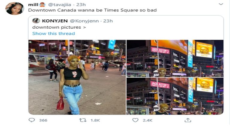 A woman on Twitter @tavajiia, commented on a collection of photos another woman, @Konyjenn shared. The photos were from Downtown Toronto, in Canada. However, @tavajiia commented "Downtown Canada wanna be Times Square so bad," leading to Twitter getting very petty with her, clowning her for calling Downtown Toronto "Downtown Canada"