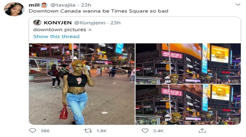 A woman on Twitter @tavajiia, commented on a collection of photos another woman, @Konyjenn shared. The photos were from Downtown Toronto, in Canada. However, @tavajiia commented "Downtown Canada wanna be Times Square so bad," leading to Twitter getting very petty with her, clowning her for calling Downtown Toronto "Downtown Canada"