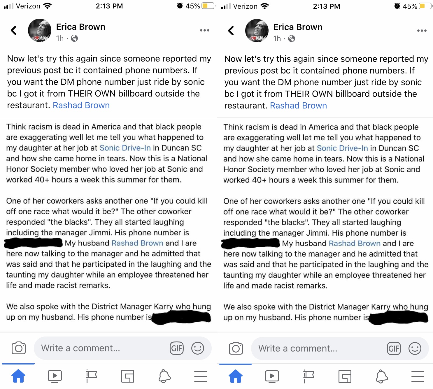 Erica Brown took to Facebook, highly upset, when her daughter came home from work, Sonic Drive-In, in Duncan, SC, highly upset. The normally happy and upbeat child came home in tears. It turns out, her coworkers decided to joke about killing black people, including one threatening her, while the manager laughed.