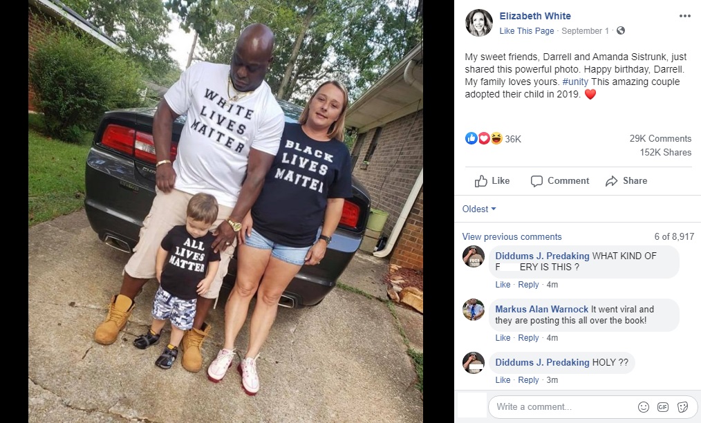 Elizabeth White, a well-known local news correspondent, has now jumped into the Black Lives Matter conversation. Some friends of hers recently adopted a child, a selfless act, and she shared their photo on her Facebook. Her friends are an interracial couple and they adopted a white child. The couple posed for a photo, which attempted to silence the race debate currently ongoing, with the black husband wearing a "White Lives Matter" shirt, the white wife wearing a "Black Lives Matter" shirt, and the child wearing an "All Lives Matter" shirt, sparking controversy on Facebook.