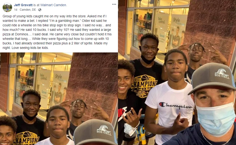 Jeff Gravatt was recently out, riding his bike, when a group of black boys approached him with a bet. The oldest of the boys bet him $10 that he could ride a wheelie on his bike, going stop sign to stop sign, ultimately saying they wanted the money to buy pizza. While the boy narrowly came up short, on the wheelie, Jeff Gravatt already placed an order for pizza, and a two-liter soda, for the boys.
