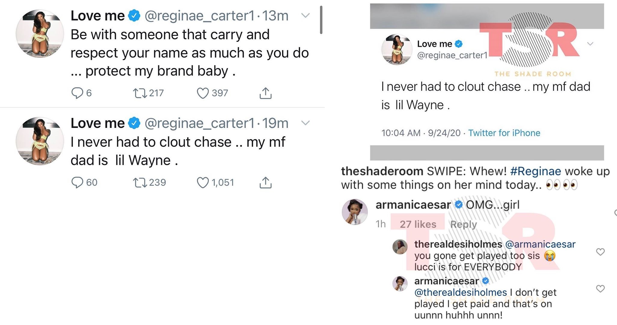 Yesterday, Armani Caesar caused quite the stir, on social media, when she and YFN Lucci showed up in a photo together, in bed. Immediately rumors were sparked, before Armani Caesar said that the photo was for a video shoot. Later, Reginae Carter, YFN Lucci's ex, tweeted that she never had to clout chase, because she's Lil Wayne's daughter, leading to Armani Caesar responding that she doesn't get played, she gets paid.