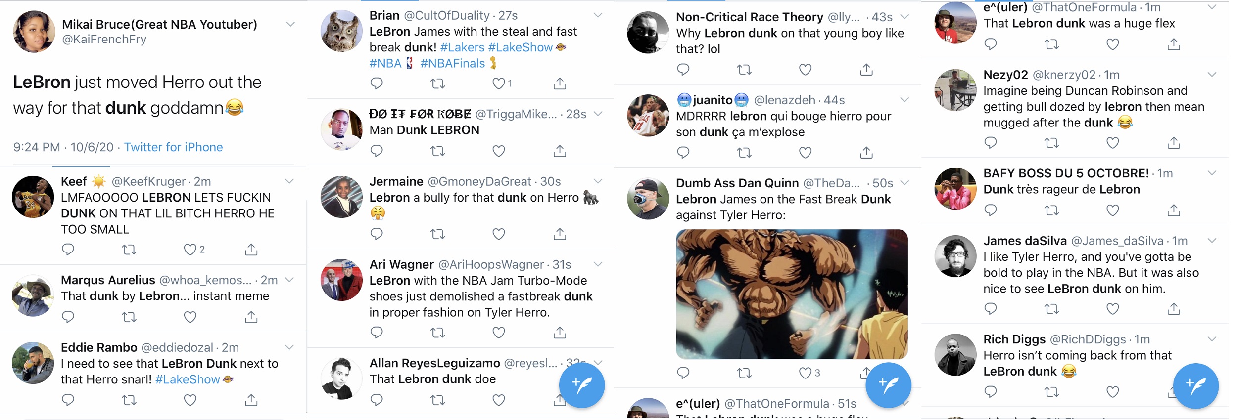 LeBron James gave the Lakers a boost, in Game 4 of the NBA Finals. A close game, LeBron got an easy steal, and went for the easy dunk. Tyler Herro, who has received tons of press, for his snarl, after Game 3, tried to defend the dunk, only for LeBron to put him on a poster, and Twitter now has jokes.