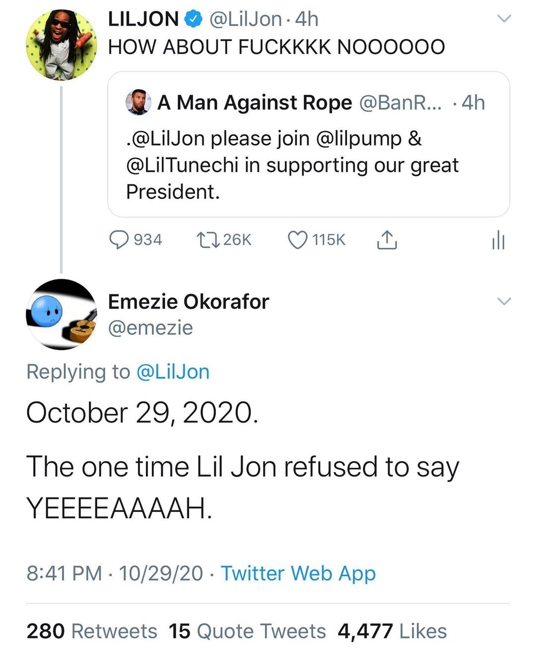 Lil Jon took over the game by creating his own sound. The 2003-2006 period saw him create some huge hits, both for himself and others. There is a current trend of rappers endorsing Donald Trump for president, but Lil Jon does his own thing, telling a fan "F*CKKKK NOOOOOO," when asked if he'd support Trump.
