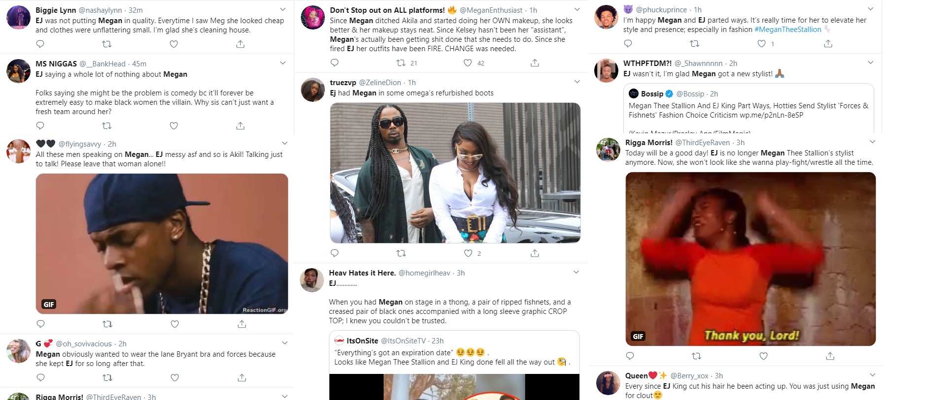 Megan Thee Stallion has parted ways with EJ King, her longtime stylist. After tweeting about getting rid of whatever isn't helping you, some think she is throwing off on EJ. On Twitter, fans are speculating about Megan Thee Stallion and EJ King possibly beefing.