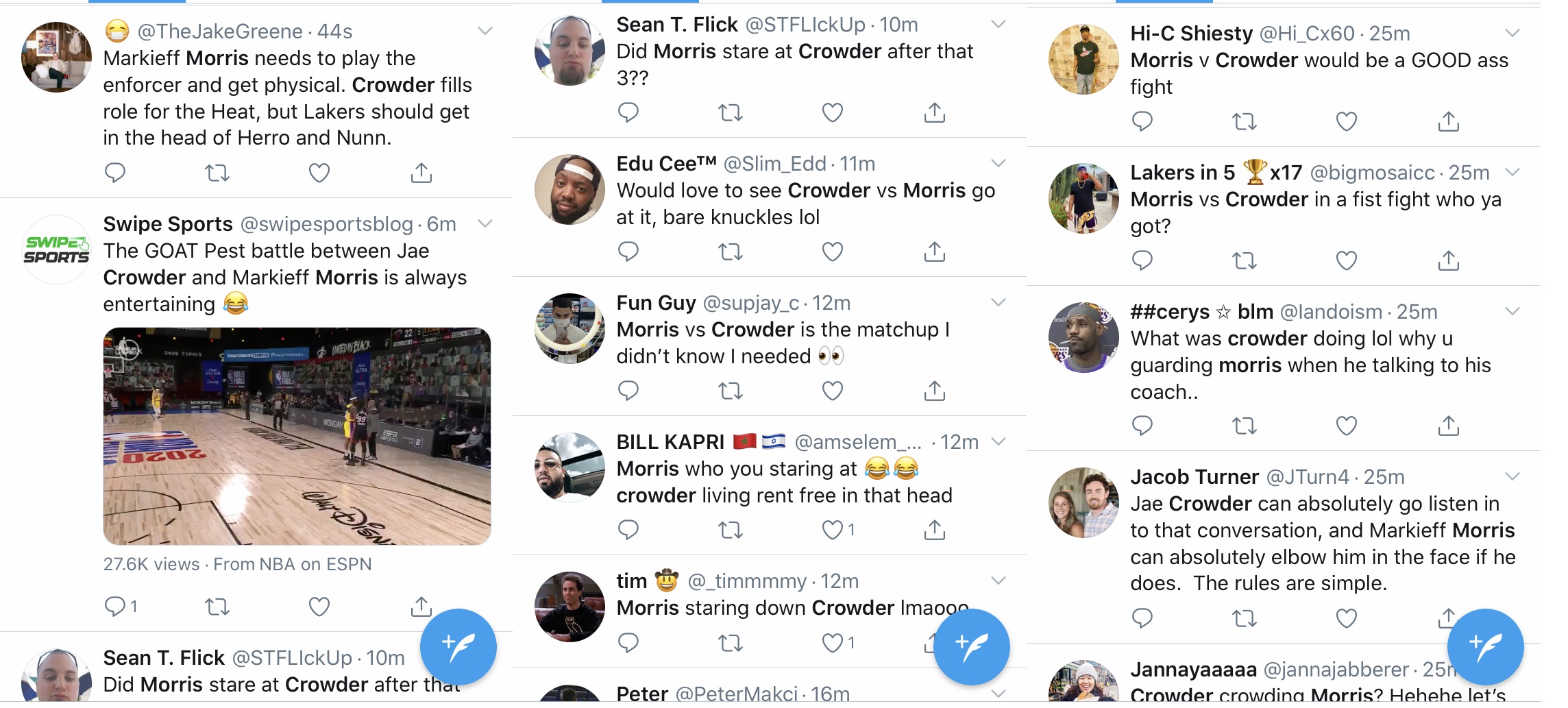 Markieff Morris was having a quick hurdle, in Game 4 of the 2020 NBA Finals. This huddle was interrupted by Jae Crowder, leading to Morris pushing him off. Two of the NBA's top menaces going at it suddenly became must-see TV, with Twitter saying Morris vs. Crowder is the fight they didn't know they needed to see.