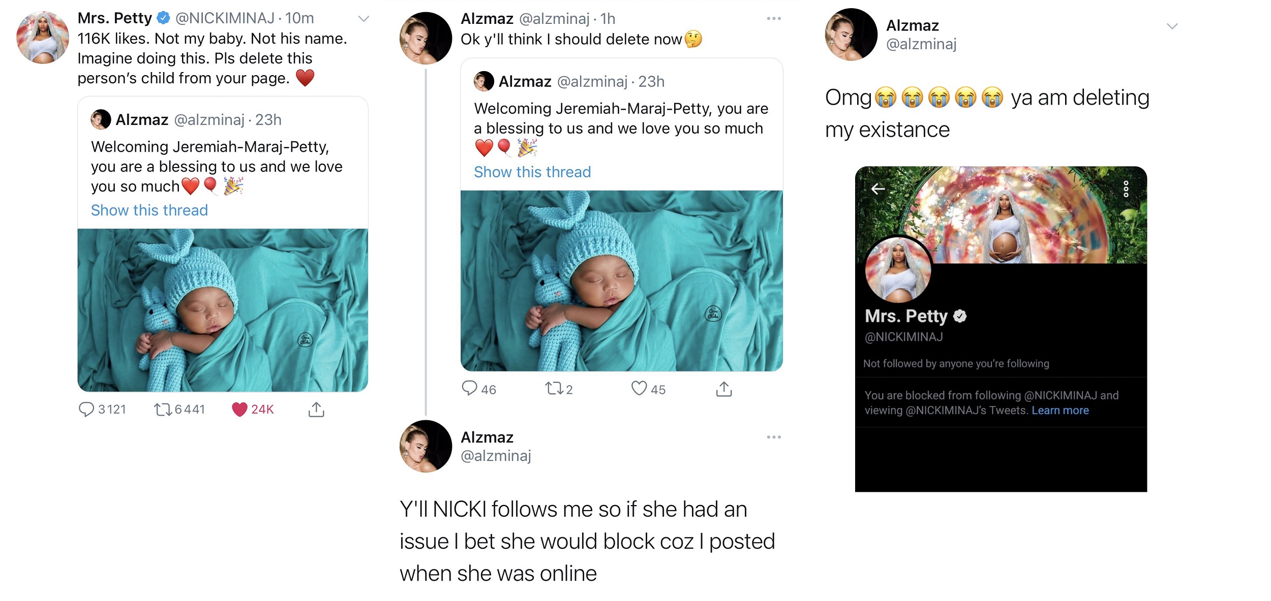 Nicki Minaj called out one of her biggest fans, @alzminaj, on Twitter. Knowing Nicki follows her, @alzminaj shared a photo of a random baby boy, claiming he was Nicki's child, complete with a fake name for the baby. Seeing this, Nicki called @alzminaj out, told her to delete the photo of the baby, and then she blocked the fan.