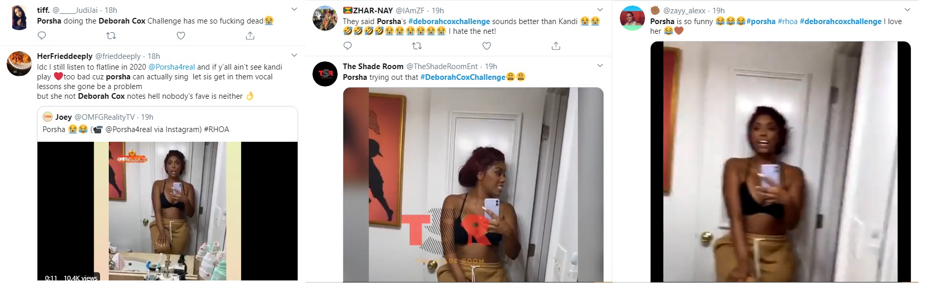 Porsha Williams tried the Deborah Cox challenge, last night. She definitely had a lot of fans tuned in, but not for those vocals. Instead, fans on Twitter ended up coming with tons of jokes, while she tried it.