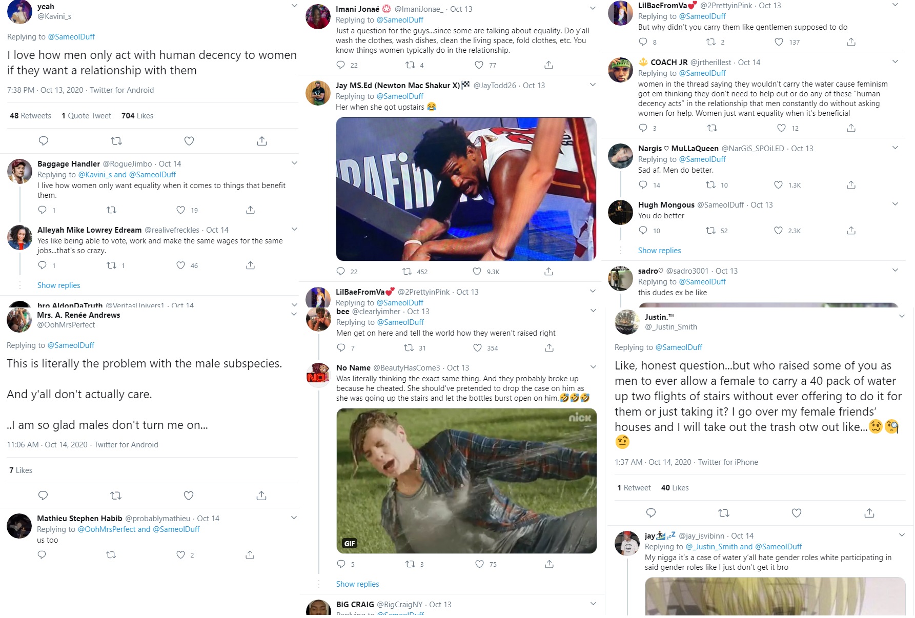 Twitter drags @SameOlDuff for comments he made about his ex-girlfriend. The man said he knew he didn't love her, anymore, when he let her carry a 40 pack of water bottles up two flights of stairs. After reading his dismissive tweets, people on Twitter have been calling him cruel and blaming black men, as a whole.
