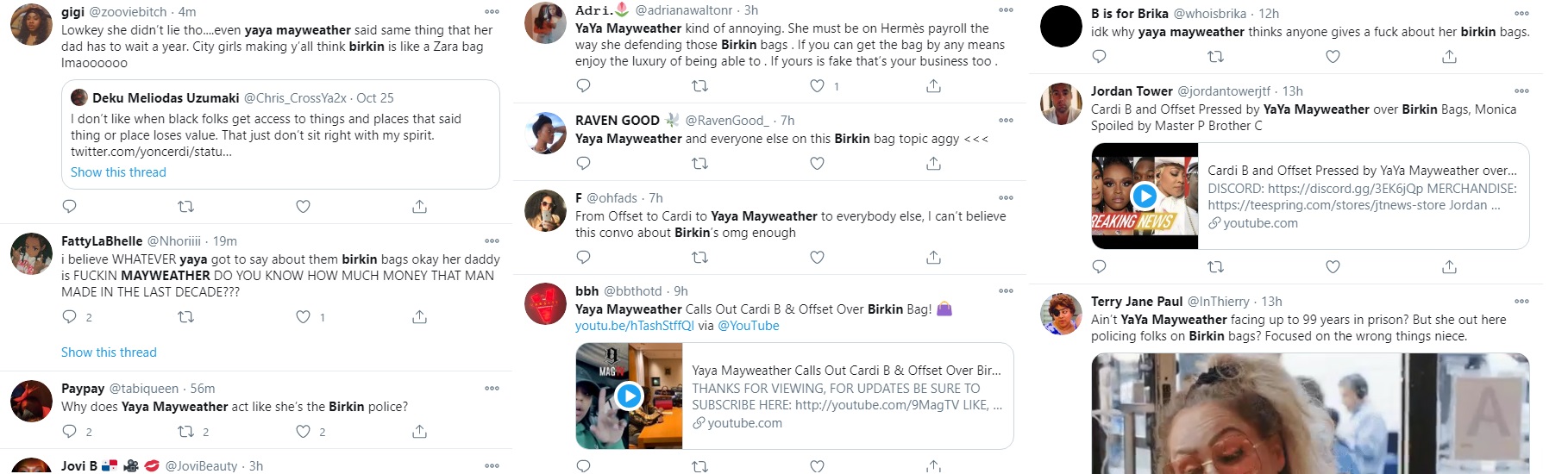 Yaya Mayweather inserted herself into the Birkin bag discussion, this weekend. Last night, Cardi B chimed in, so Yaya spoke out, again, doubling down on the talk about knowing all about Birkin bags. Since then, Melissa Rene, Yaya's mother, showed off her daughter's Birkin collection, on IG Live, leading to Twitter coming with jokes, calling Yaya the "Birkin police," or "Birkin patrol."