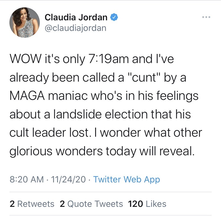 Claudia Jordan called cunt by MAGA supporter