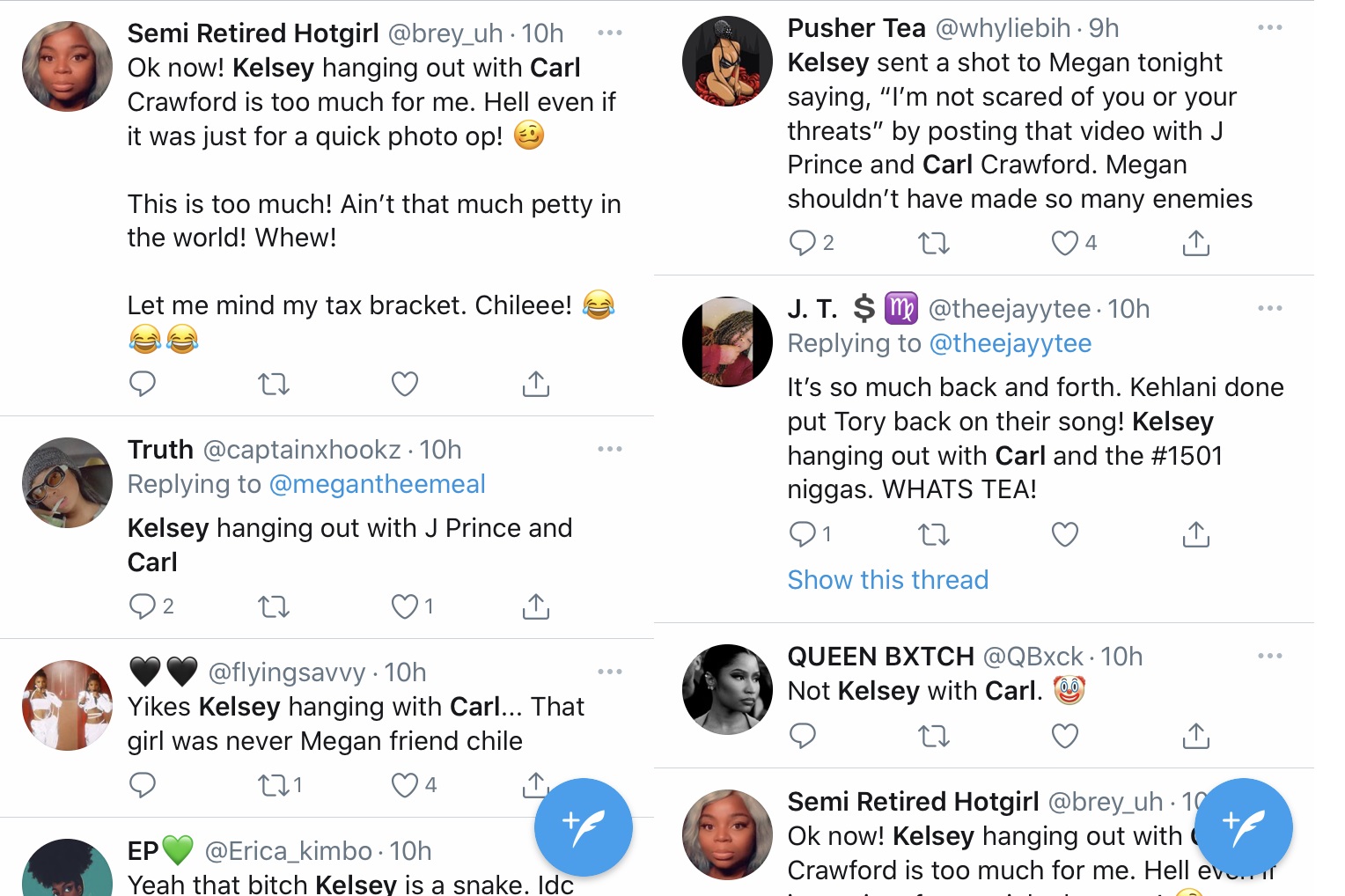 Kelsey Nicole went viral, last night, when she was spotted partying with Carl Crawford, Megan Thee Stallion's former label boss. It's no secret Megan has beef with Crawford, and J. Prince, who Kelsey both dissed on Megan's behalf, but partied with both, last night. As people on Twitter were calling Kelsey a snake, she took to IG Live, and explained that she's just living life and doing her, that they laughed it off, and had a good time.