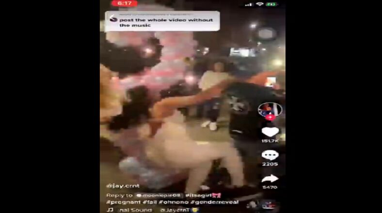 Man knocks over pregnant woman at her gender reveal party.