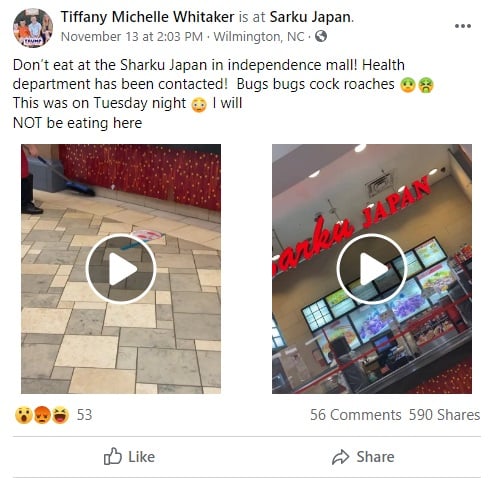 Sarku Japan cockroaches Independence Mall, Wilmington, North Carolina.