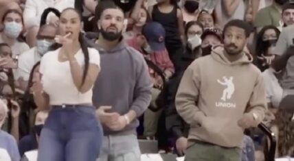 Drake and Michael B. Jordan at Sierra Canyon game with Amari Bailey's mom