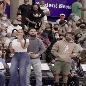 Drake and Michael B. Jordan at Sierra Canyon game with Amari Bailey's mom