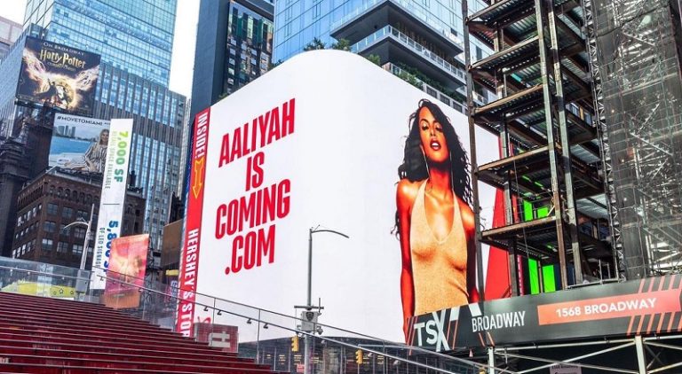 Aaliyah billboard launches in Times Square, weeks before her music hits Spotify