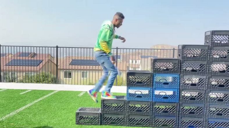 Blueface effortlessly does the Crate Challenge and then does backflip