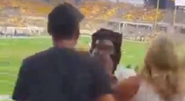 Fight breaks out during Detroit Lions Buffalo Bills game when a white woman slaps a black man and he hits her back