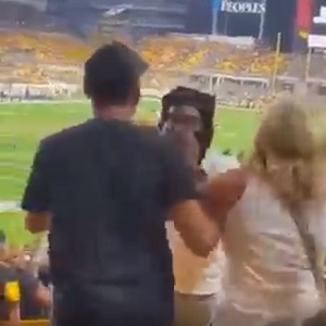 Fight breaks out during Detroit Lions Buffalo Bills game when a white woman slaps a black man and he hits her back