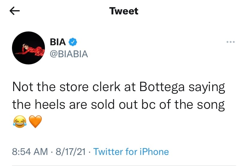 Bia tweets, saying the Bottega store clerk said the heels are sold out due to "Whole Lotta Money."