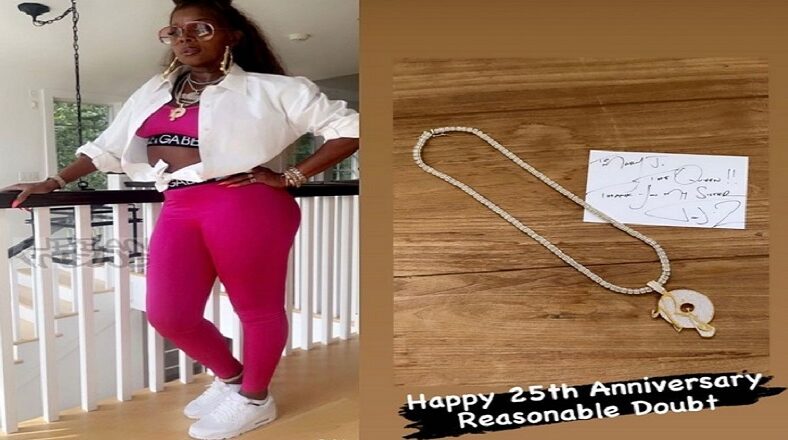 Mary J. Blige wears Roc-A-Fella chain at Angie Martinez BBQ in celebration of Jay-Z's Can't Knock The Hustle 25th anniversary