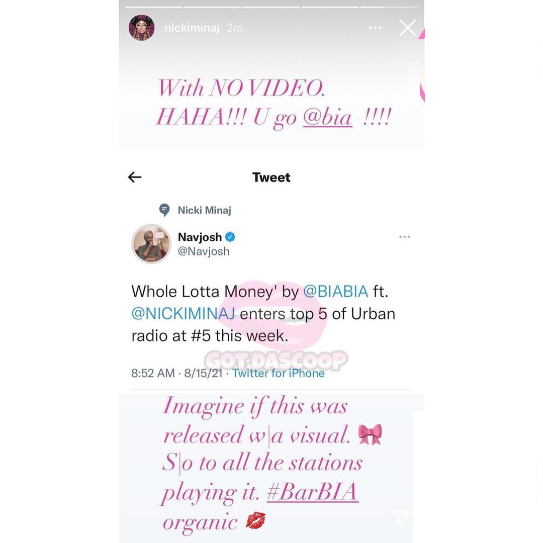 Nicki Minaj celebrates Bia collaboration Whole Lotta Money reaching top five on Urban Radio without a music video