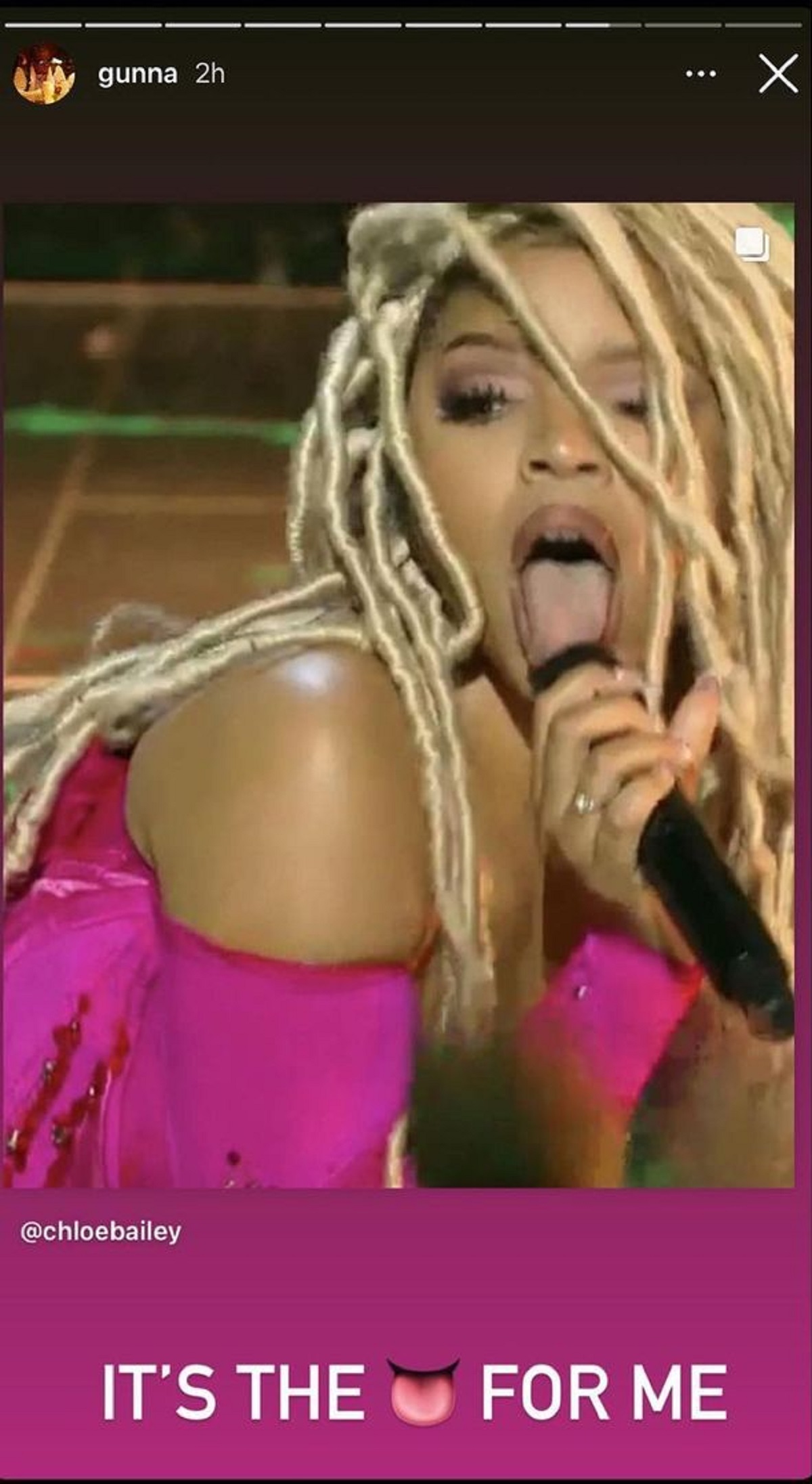 Gunna posts Chloe Bailey's VMA performance, with her tongue out, on his IG Story, and says it's the tongue for me