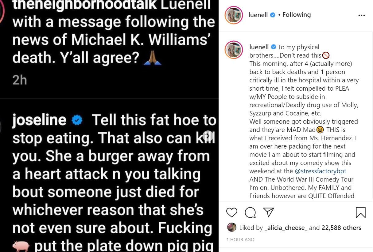 Joseline Hernandez fat shames Luenell for telling people to stop using drugs, following Michael K. Williams' death