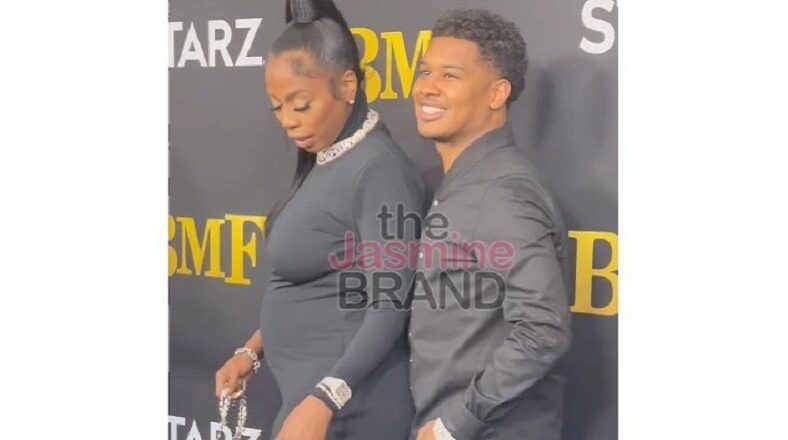 Kash Doll showing her baby bump at the BMF premiere red carpet with Tracy T.