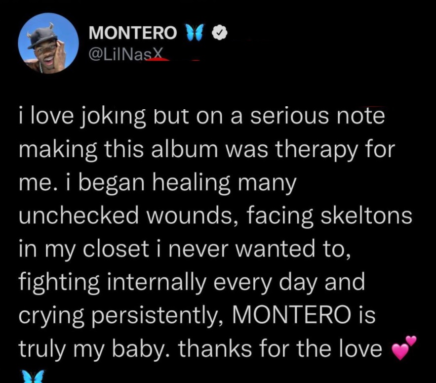 Lil Nas X says Montero album was therapy and is truly his baby