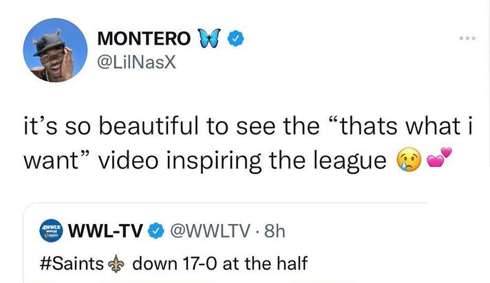 Lil Nas X trolls the Saints Panthers game, saying That's What I Want video inspired the league, after awkward tackle