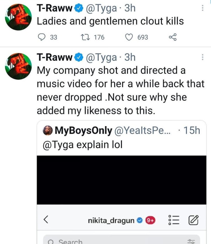 Tyga denies affair with Nikita Dragun, says his company shot a video for her, but isn't sure why he's included in her clout chase