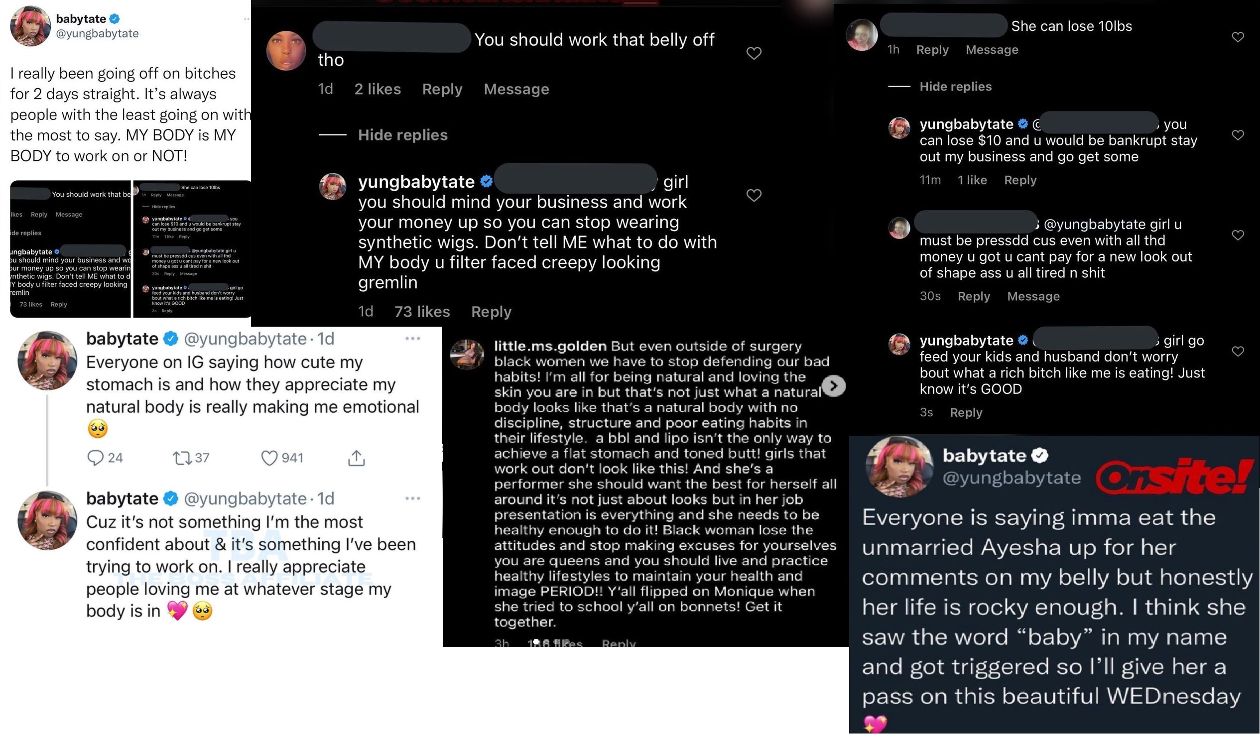 Yung Baby Tate fires back at people criticizing her natural body and belly rolls, and she claps back at Lil Baby's ex, Ayesha, for criticizing her body