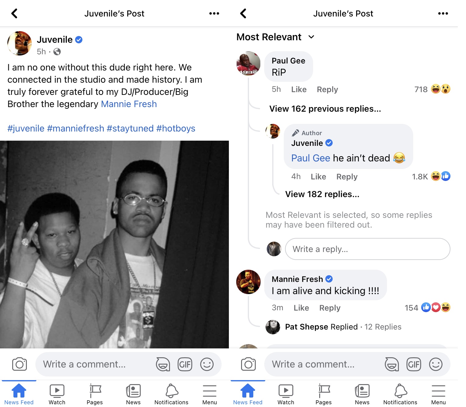 Mannie Fresh lets people know he's still alive, after Juvenile post makes Facebook followers think he is dead