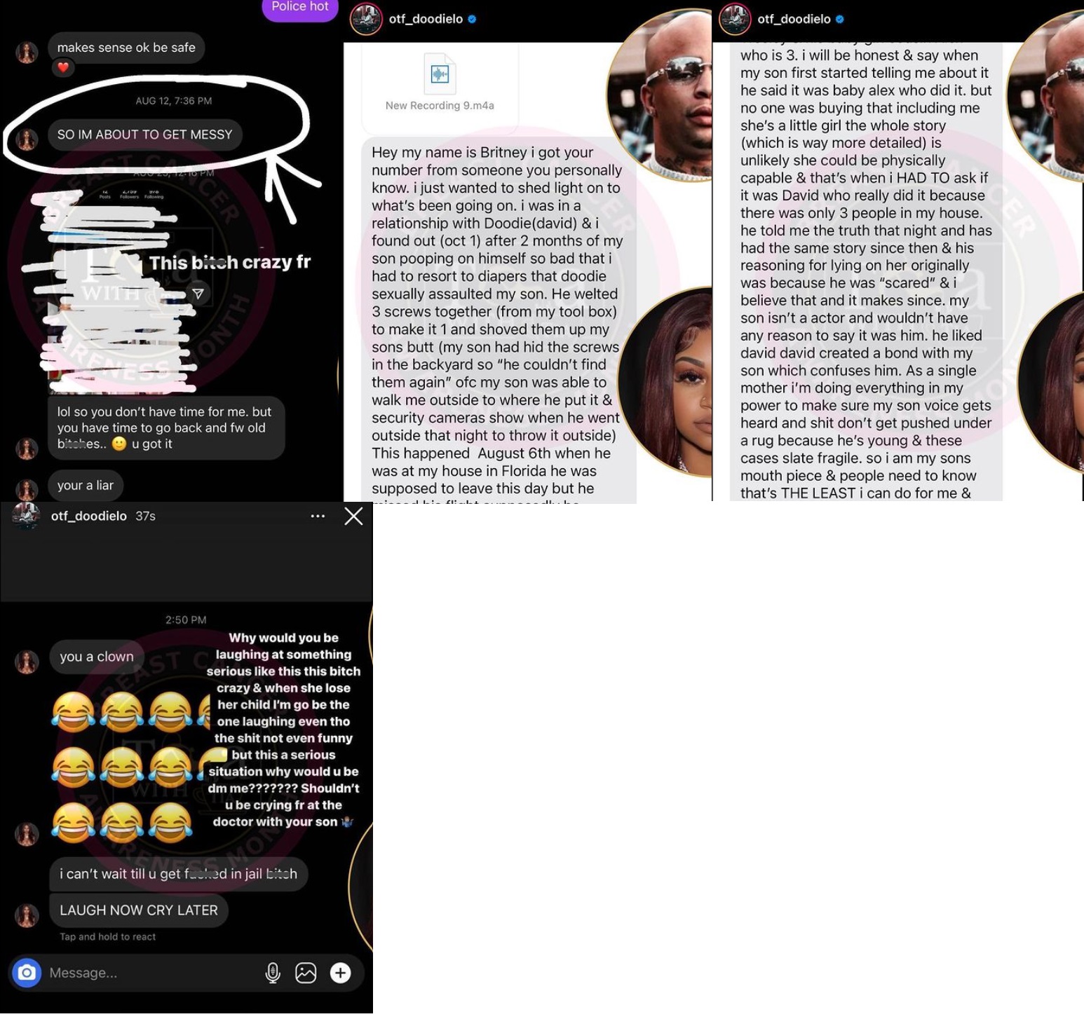 OTF Doodie Lo leaks texts and threatening messages allegedly from FTN Bae, where she allegedly threatens to accuse him of child molestation