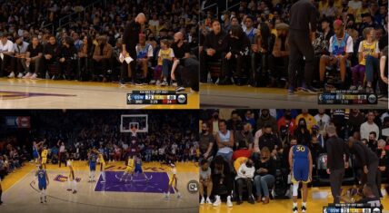 Steph Curry falls in front of Floyd Mayweather and Kid Cudi