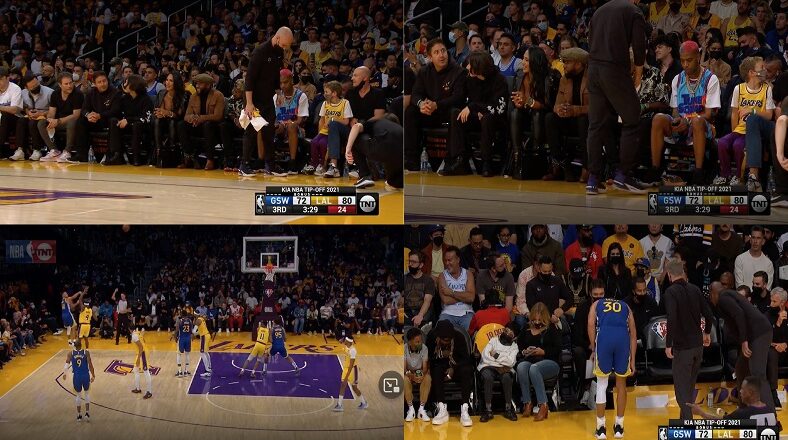 Steph Curry falls in front of Floyd Mayweather and Kid Cudi