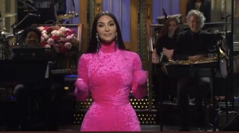 Kim Kardashian delivering her opening monologue on Saturday Night Live, acknowledging Kanye West as the best rapper of all-time.