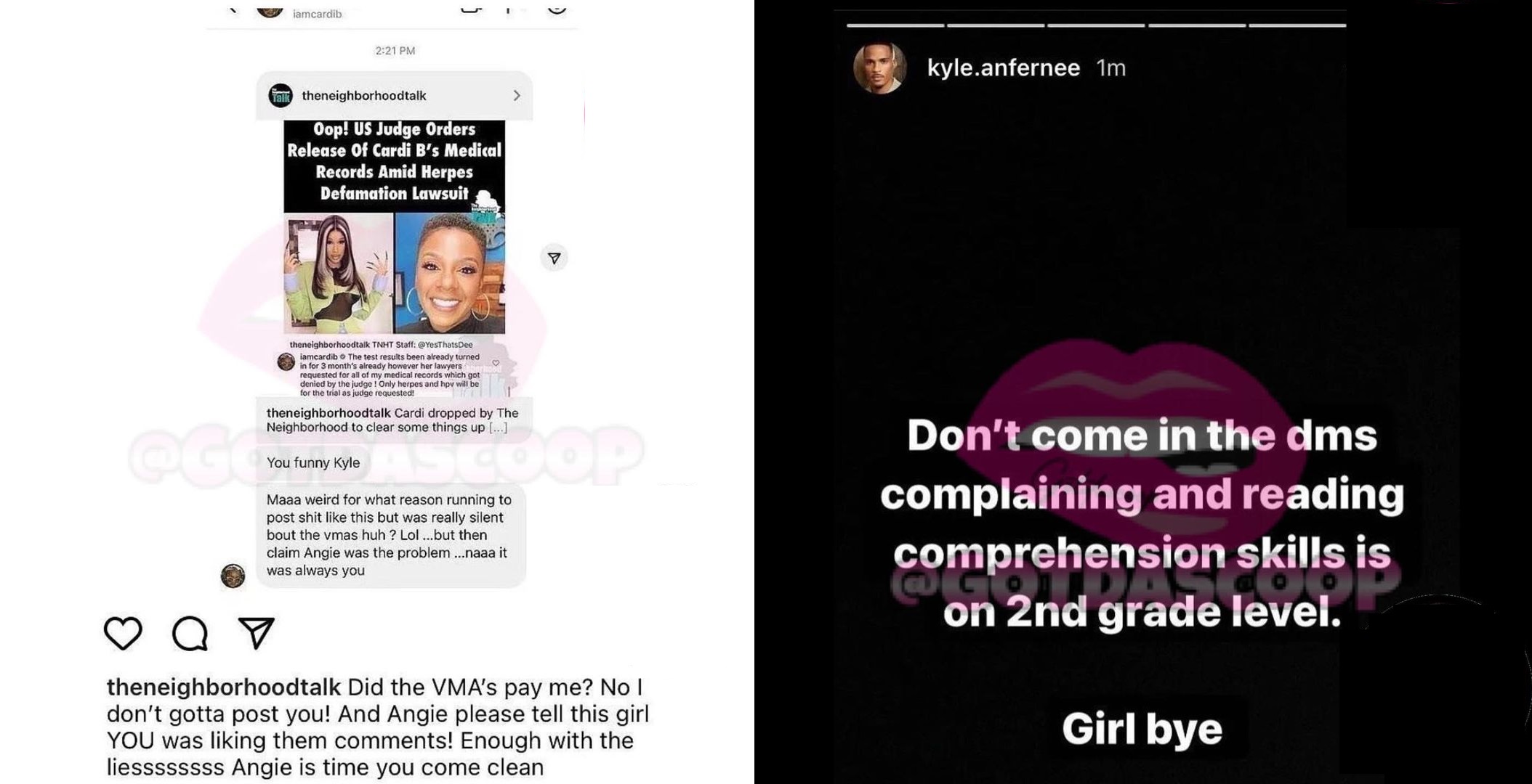Cardi B and Kyle, from The Neighborhood Talk, are beefing over an article; Kyle says she's on a second grade level