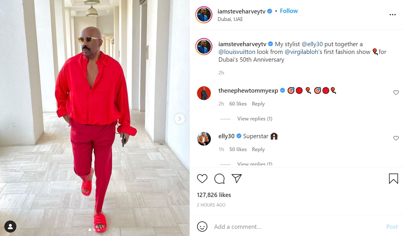 Steve Harvey rocks Virgil Abloh Louis Vuitton red outfit with his chest out
