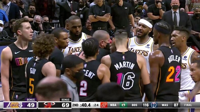 Carmelo Anthony and Gabe Vincent get into heated argument