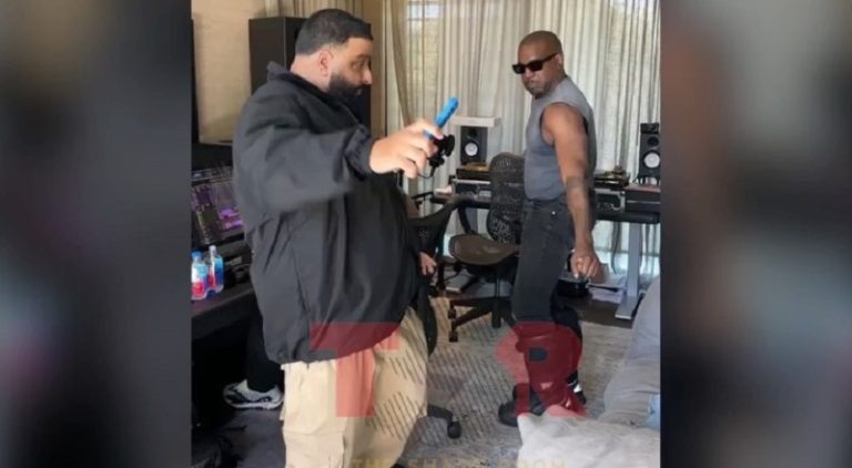 DJ Khaled and Kanye West dance in the studio
