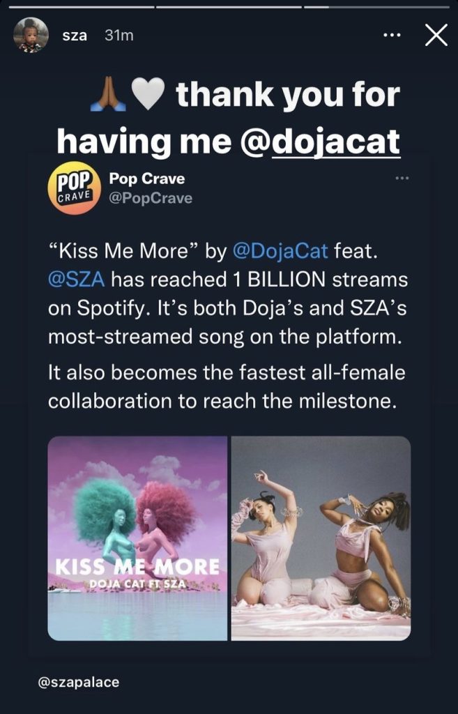 Doja Cat SZA Kiss Me More 1 billion Spotify streams