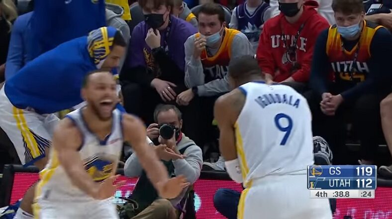 Steph Curry goes crazy after Andre Iguodala hits dagger 3