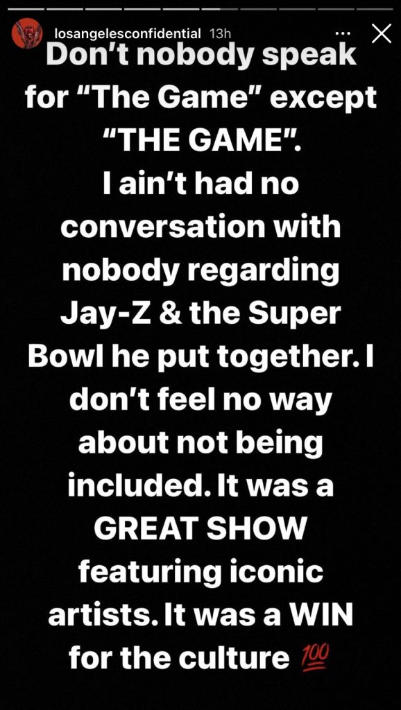 The Game denies being angry about not performing at Super Bowl
