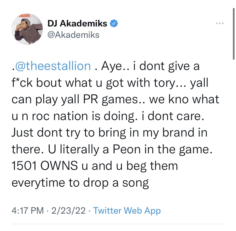DJ Akademiks claps back at Megan Thee Stallion on Twitter